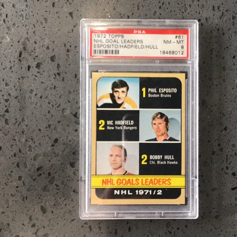 1972 Topps NHL Goal Leaders Esposito/Hadfield/Hull PSA 8 (8012)