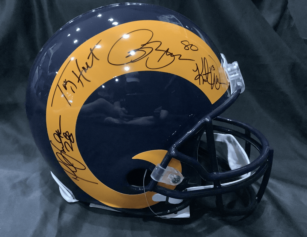 autographed authentic football helmets Kurt Warner Isaac Bruce Torry Holt & Marshall Faulk St. Louis Rams Autographed Riddell VSR4 Throwback Authentic Helmet